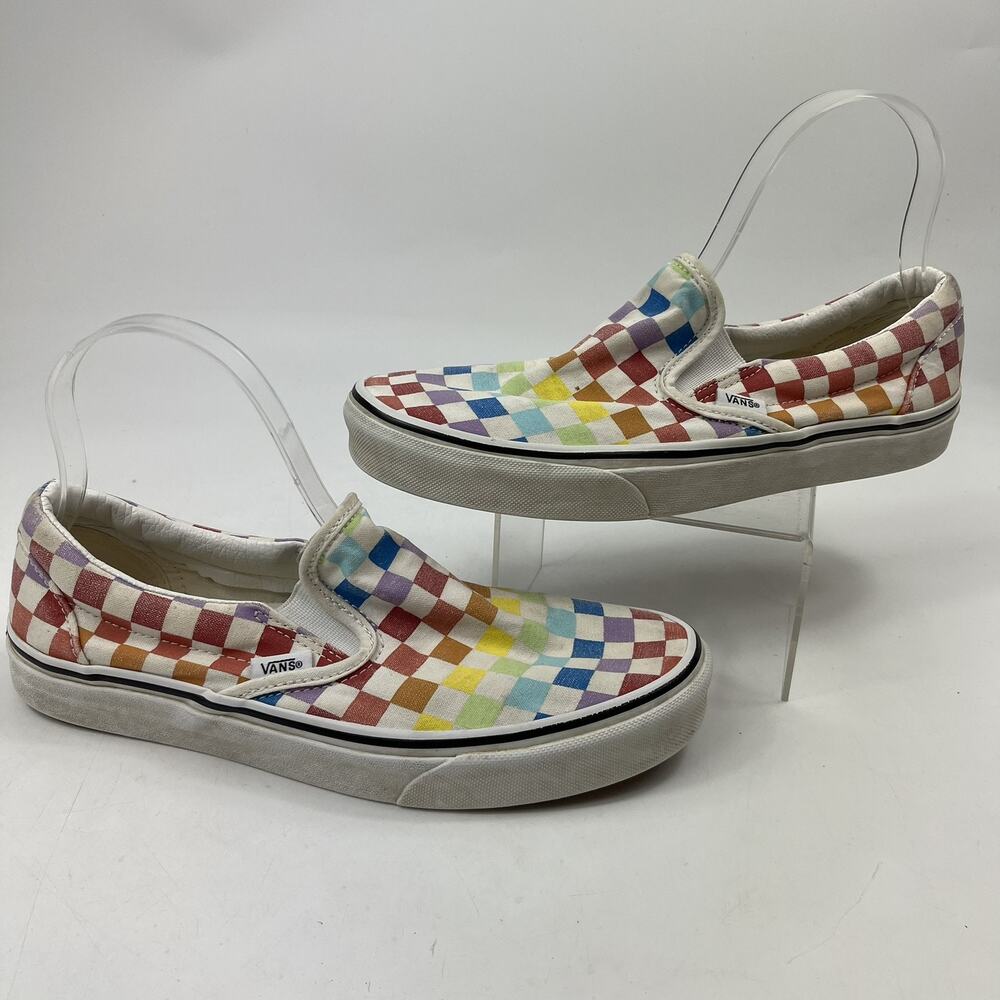 Vans Classic Slip On Sneakers Womens 9.5 Men 8 Rainbow Checkerboard Shoes Canvas